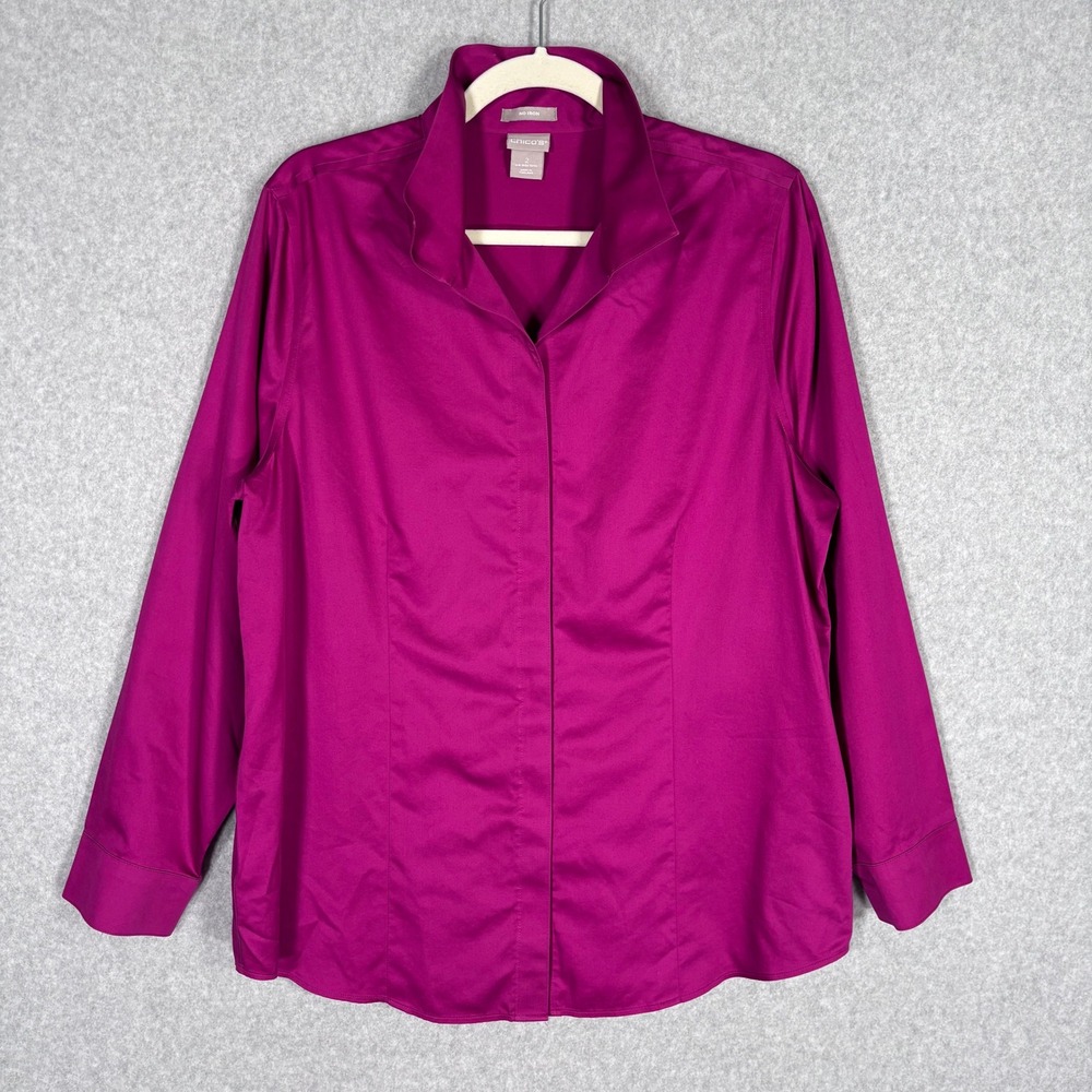 Chicos No Iron Button Down Shirt Large Magenta Pink 100% Cotton Blouse Career